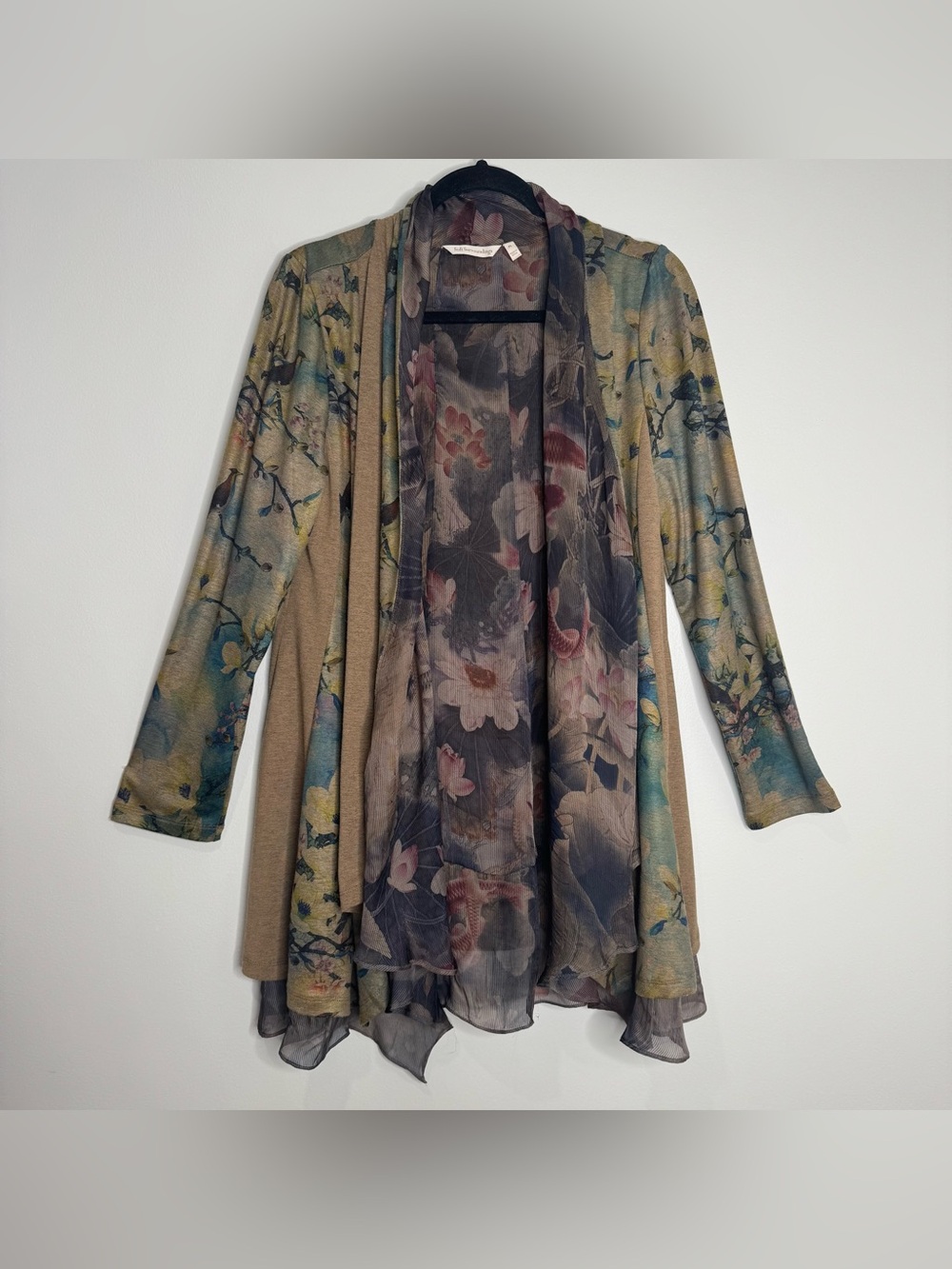 Soft Surroundings Layered Sheer Floral Bird Print Open Front Cardigan Fairy PL